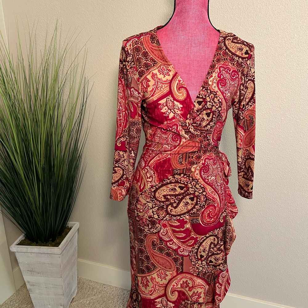Nine West Red Paisley Long Sleeve Dress